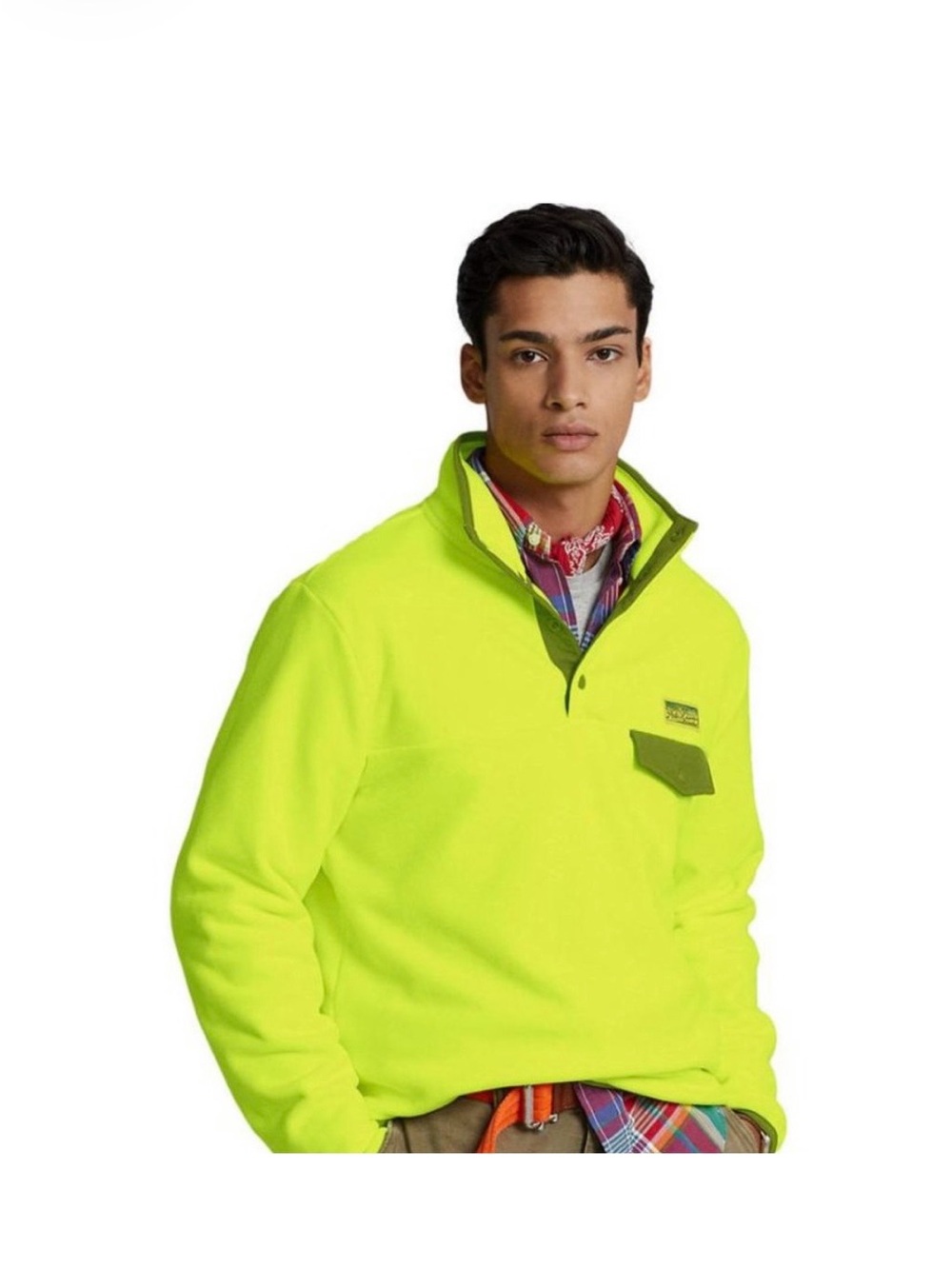 Polo by Ralph Lauren Neon Yellow Pullover Fleece with Olive Trim